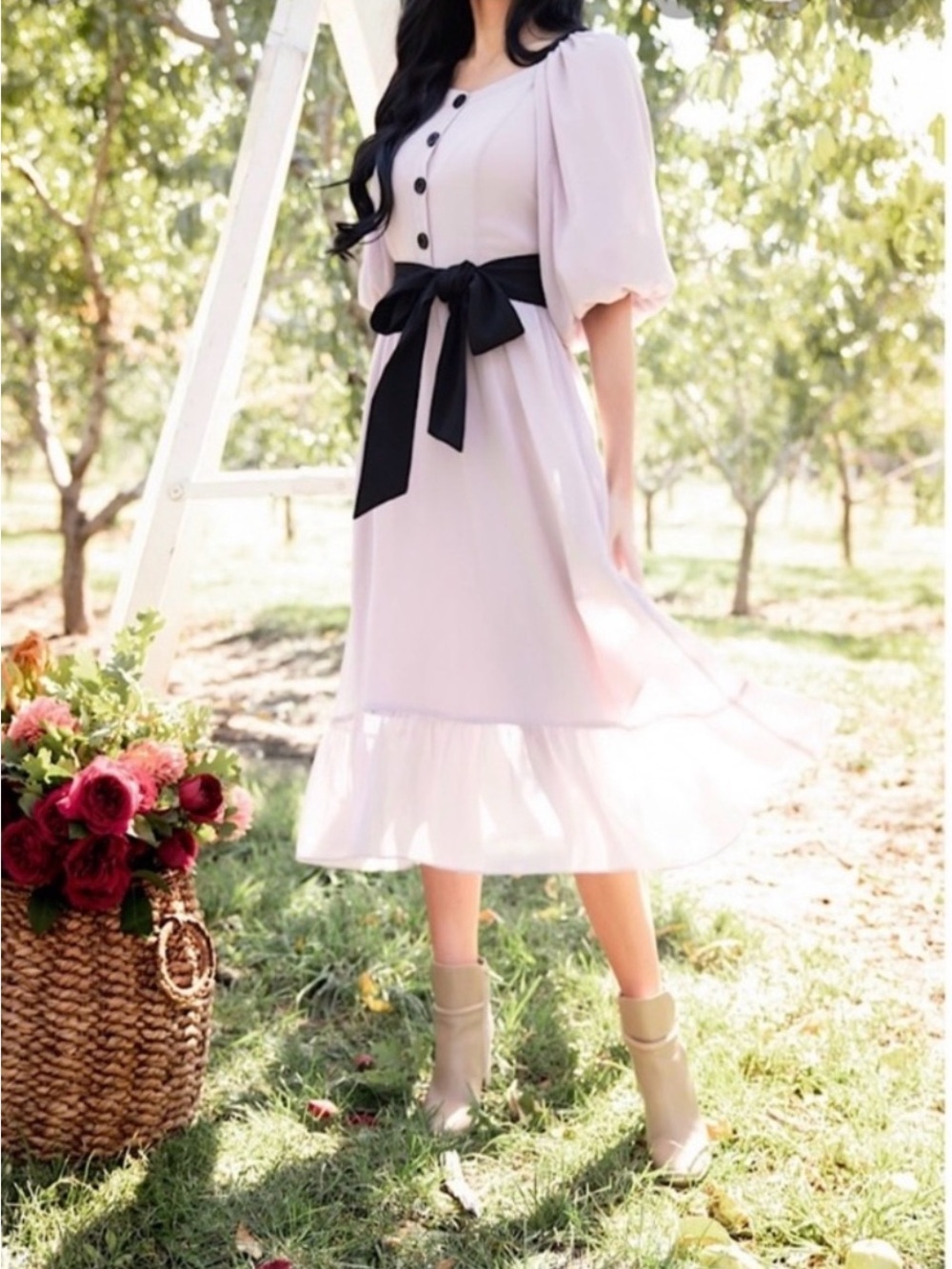 Rachel Parcell Light Pink Chiffon Midi Dress with Black Sash